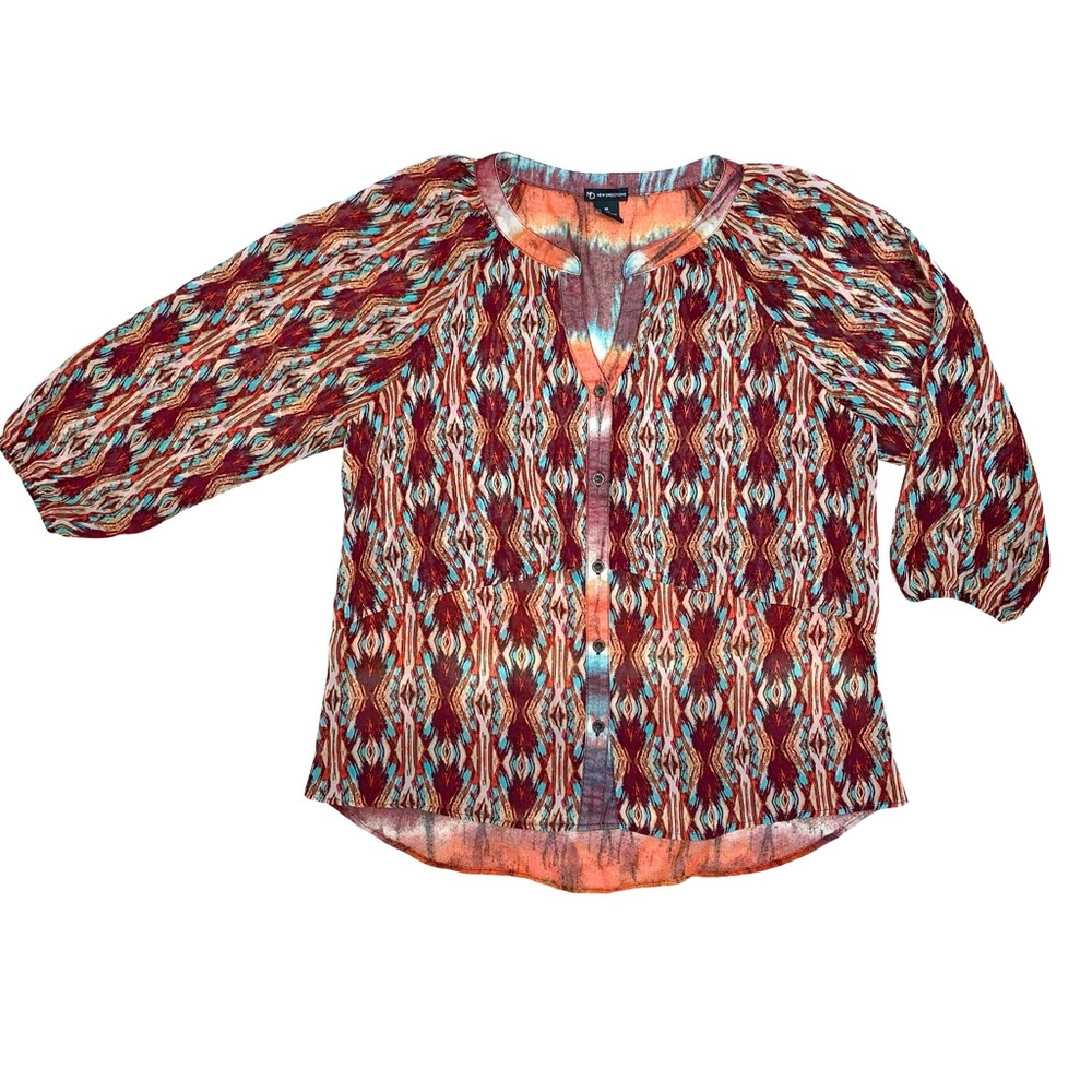New Directions Aztec Print Long Sleeve Button Down Blouse Medium Colorful Gauzy
